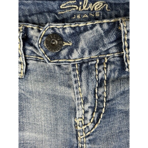 Silver Jeans Women’s 27/33 Tuesday Bootcut Flare Low-Rise Distressed Blue Denim - Picture 8 of 16